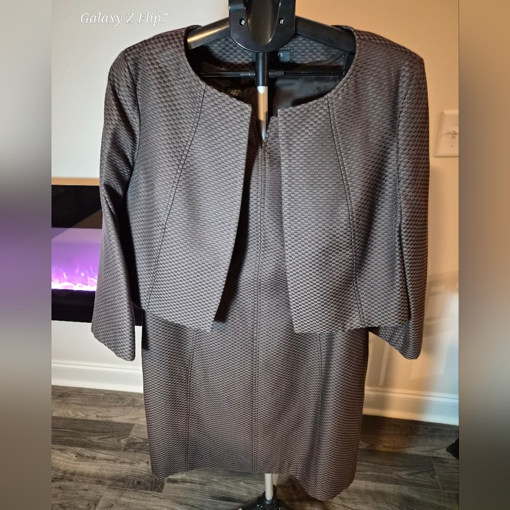 ​Talbots Petites Silk Blend Sheath Dress & Cropped Jacket Set Brown Size 16P